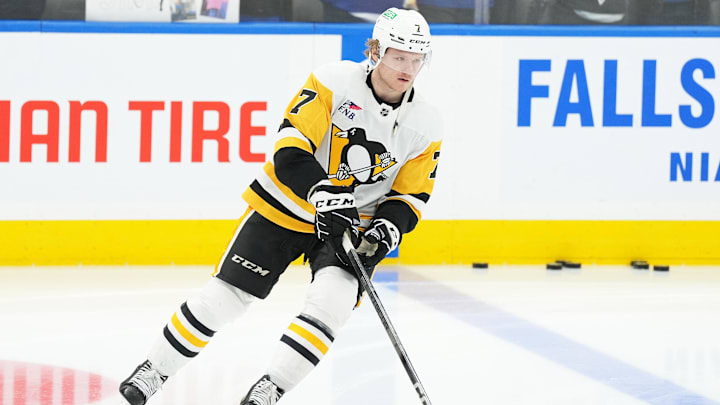 Apr 8, 2024; Toronto, Ontario, CAN; Pittsburgh Penguins defenseman John Ludvig (7) skates against the Toronto Maple Leafs during the warmup at Scotiabank Arena. Mandatory Credit: Nick Turchiaro-Imagn Images