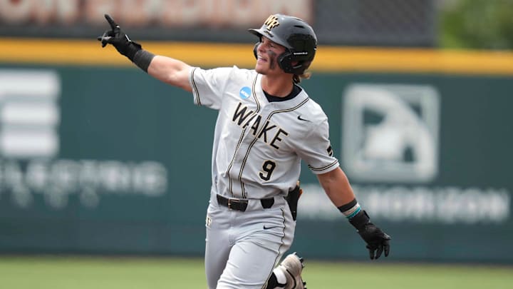 Wake Forest infielder Austin Hawke (9) celebrates after hitting a home run during a NCAA regional baseball game between the Cincinnati Bearcats and Wake Forest Demon Deacons at Lindsey Nelson Stadium in Knoxville, Tenn., on June 1, 2025.