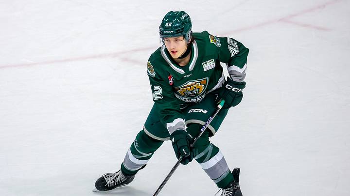 BRANDON, CANADA - OCTOBER 08: Brek Liske #42 of the Everett Silvertips skates during third period action against the Brandon Wheat Kings at Westoba Place on October 08, 2024 in Brandon, Manitoba, Canada.