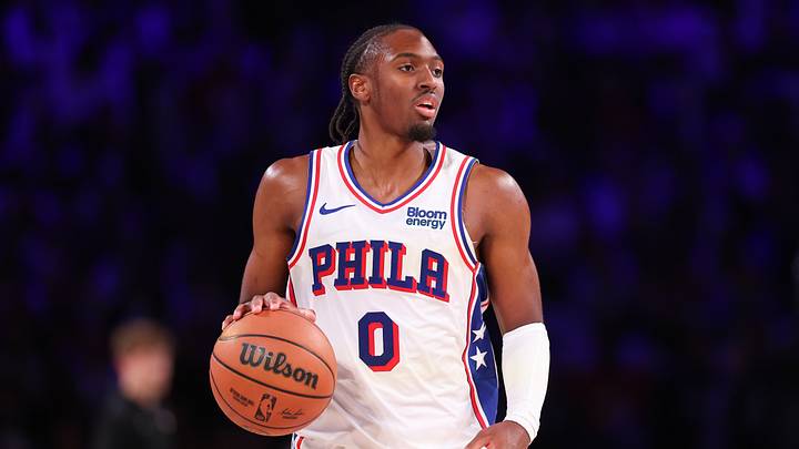 Philadelphia 76ers guard Tyrese Maxey (0) controls the ball against the Detroit Pistons.