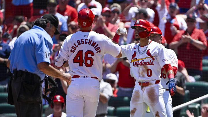 Jun 13, 2024; St. Louis, Missouri, USA; St. Louis Cardinals first baseman Paul Goldschmidt (46) is congratulated by shortstop Masyn Winn (0) after hitting a two run home run against the Pittsburgh Pirates during the third inning at Busch Stadium. Mandatory Credit: Jeff Curry-USA TODAY Sports Jun 13, 2024; St. Louis, Missouri, USA; St. Louis Cardinals first baseman Paul Goldschmidt (46) is congratulated by shortstop Masyn Winn (0) after hitting a two run home run against the Pittsburgh Pirates during the third inning at Busch Stadium. Mandatory Credit: Jeff Curry-USA TODAY Sports