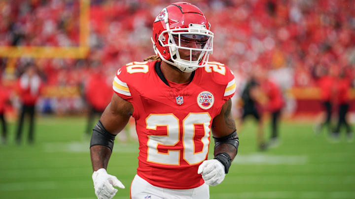 Sep 5, 2024; Kansas City, Missouri, USA; Kansas City Chiefs cornerback Christian Roland-Wallace (30) runs on field against the Baltimore Ravens prior to a game at GEHA Field at Arrowhead Stadium. Mandatory Credit: Denny Medley-Imagn Images