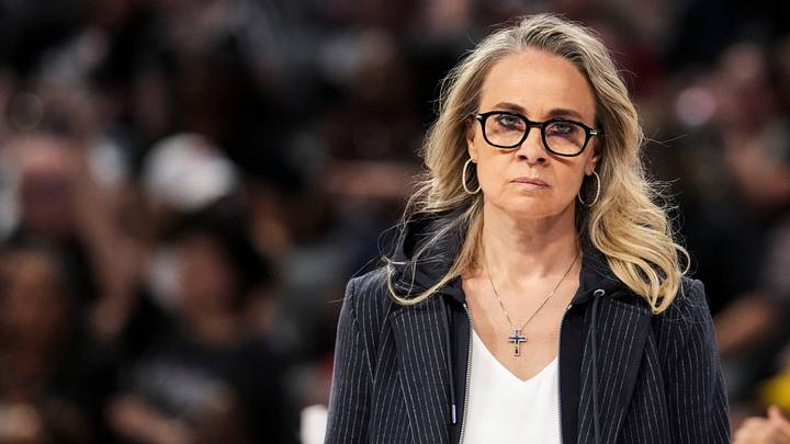 Las Vegas Aces head coach Becky Hammon walks onto the court during a timeout Thursday, Oct. 1, 2026, during the first half of Game 3 of the first round of the WNBA Playoffs at Michelob ULTRA Arena in Las Vegas.