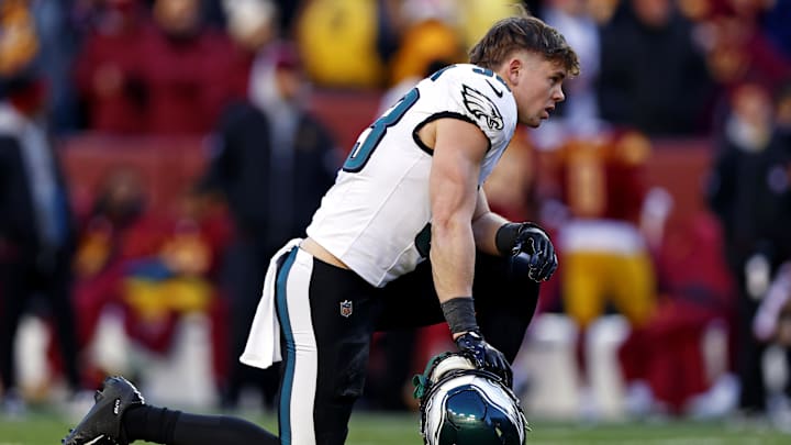 Dec 22, 2024; Landover, Maryland, USA; Philadelphia Eagles cornerback Cooper DeJean (33) reacts during the second quarter against the Washington Commanders at Northwest Stadium. Dec 22, 2024; Landover, Maryland, USA; Philadelphia Eagles cornerback Cooper DeJean (33) reacts during the second quarter against the Washington Commanders at Northwest Stadium.