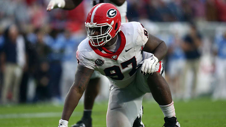 Nov 9, 2024; Oxford, Mississippi, USA; Georgia Bulldogs defensive lineman Warren Brinson (97) lines up before the snap during the first half against the Mississippi Rebels at Vaught-Hemingway Stadium. Mandatory Credit: Petre Thomas-Imagn Images