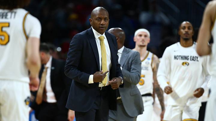 Mar 20, 2025; Wichita, KS, USA; Missouri Tigers head coach Dennis Gates in the second half of a first round men’s NCAA Tournament game against the Drake Bulldogs at Intrust Bank Arena. 