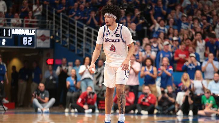 Kansas Jayhawks guard Tyran Stokes (4) looks back after a basket made against Louisville Cardinals during the exhibition game inside Allen Fieldhouse in Lawrence, Kansas on Oct. 21, 2026. Kansas Jayhawks guard Tyran Stokes (4) looks back after a basket made against Louisville Cardinals during the exhibition game inside Allen Fieldhouse in Lawrence, Kansas on Oct. 21, 2026.