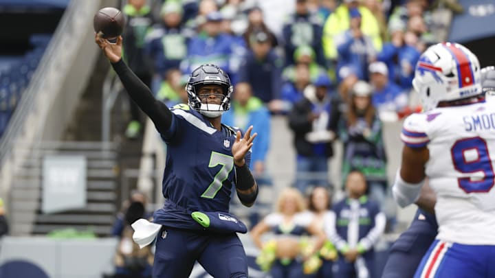 Oct 27, 2024; Seattle, Washington, USA; Seattle Seahawks quarterback Geno Smith (7) passes against the Buffalo Bills during the first quarter at Lumen Field. Mandatory Credit: Joe Nicholson-Imagn Images