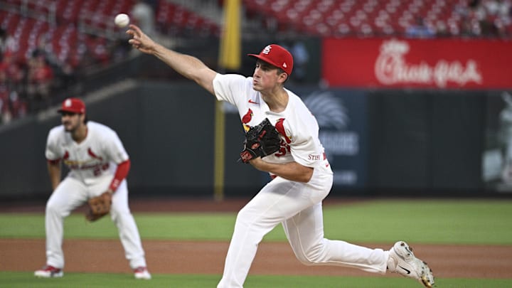 Sep 16, 2025; St. Louis, Missouri, USA; St. Louis Cardinals starting pitcher Michael McGreevy (36) pitches against the Cincinnati Reds in the first inning at Busch Stadium. Mandatory Credit: Joe Puetz-Imagn Images Sep 16, 2025; St. Louis, Missouri, USA; St. Louis Cardinals starting pitcher Michael McGreevy (36) pitches against the Cincinnati Reds in the first inning at Busch Stadium. Mandatory Credit: Joe Puetz-Imagn Images