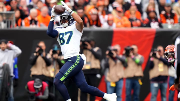 Seattle Seahawks tight end Noah Fant (87) completes a catch in the first quarter during an NFL football game between the Seattle Seahawks and the Cincinnati Bengals Sunday, Oct. 15, 2023, at Paycor Stadium in Cincinnati.
