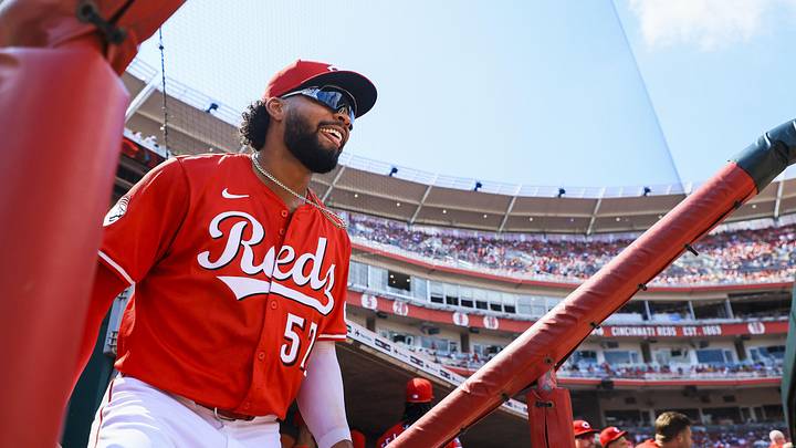Jun 28, 2025; Cincinnati, Ohio, USA; Cincinnati Reds outfielder Rece Hinds (57) runs onto the field before the game against the San Diego Padres at Great American Ball Park. Mandatory Credit: Katie Stratman-Imagn Images