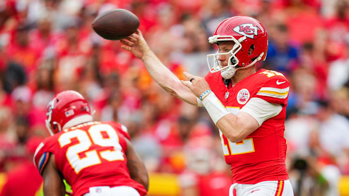 Aug 26, 2023; Kansas City, Missouri, USA; Kansas City Chiefs quarterback Shane Buechele (12) throws a pass during the first half against the Cleveland Browns at GEHA Field at Arrowhead Stadium. 