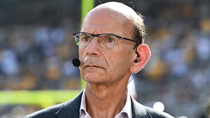 Oct 5, 2024; College Station, Texas, USA; SEC Nation analyst Paul Finebaum looks on prior to the game between the Texas A&M Aggies and the Missouri Tigers at Kyle Field. Mandatory Credit: Maria Lysaker-Imagn Images. 