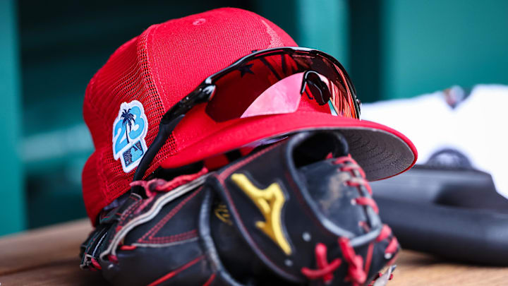 Mar 28, 2023; Washington, District of Columbia, USA; A general view of a Washington Nationals Spring Training logo on a players hat during the eighth inning of the Spring Training game between the Washington Nationals and the New York Yankees at Nationals Park.