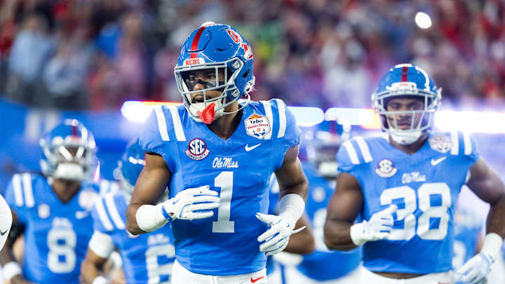 Jan 8, 2026; Glendale, AZ, USA; Mississippi Rebels wide receiver De'Zhaun Stribling (1) against the Miami Hurricanes during the 2026 Fiesta Bowl and semifinal game of the College Football Playoff at State Farm Stadium. Mandatory Credit: Mark J. Rebilas-Imagn Images