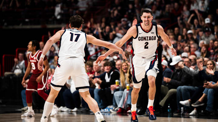 Gonzaga Bulldogs Mario Saint-Supery (17) and Steele Venters (2).