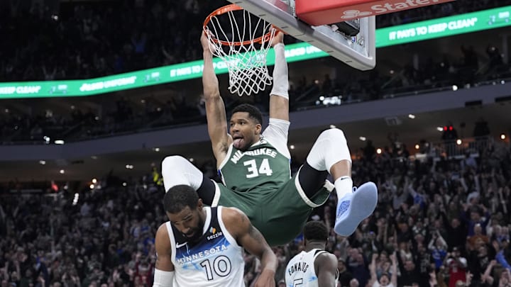 Apr 8, 2025; Milwaukee, Wisconsin, USA; Milwaukee Bucks forward Giannis Antetokounmpo (34) dunks the ball against Minnesota Timberwolves guard Mike Conley (10) in the second half at Fiserv Forum. Mandatory Credit: Michael McLoone-Imagn Images Apr 8, 2025; Milwaukee, Wisconsin, USA; Milwaukee Bucks forward Giannis Antetokounmpo (34) dunks the ball against Minnesota Timberwolves guard Mike Conley (10) in the second half at Fiserv Forum. Mandatory Credit: Michael McLoone-Imagn Images