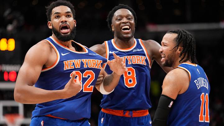 Dec 9, 2024; Toronto, Ontario, CAN; New York Knicks guard Jalen Brunson (11) and forward OG Anunoby (8) react after a three point basket by center Karl-Anthony Towns (32) to clinch a win over the Toronto Raptors during the second half at Scotiabank Arena. Mandatory Credit: John E. Sokolowski-Imagn Images Dec 9, 2024; Toronto, Ontario, CAN; New York Knicks guard Jalen Brunson (11) and forward OG Anunoby (8) react after a three point basket by center Karl-Anthony Towns (32) to clinch a win over the Toronto Raptors during the second half at Scotiabank Arena. Mandatory Credit: John E. Sokolowski-Imagn Images