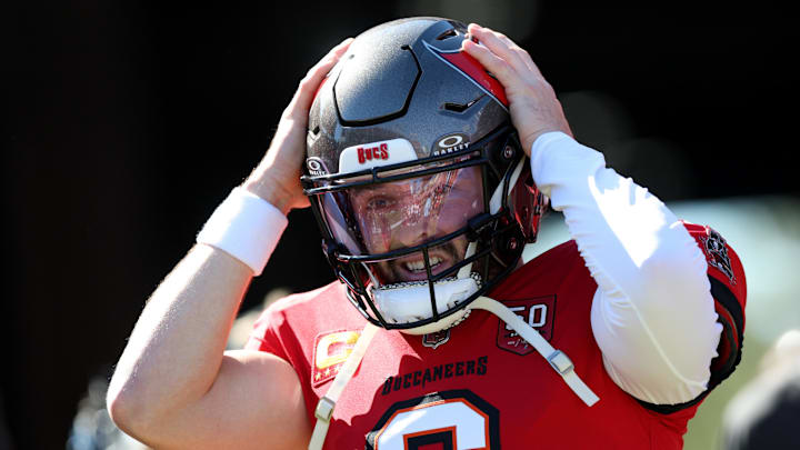 Nov 30, 2025; Tampa, Florida, USA;  Tampa Bay Buccaneers quarterback Baker Mayfield (6) warms up before a game against the Arizona Cardinals at Raymond James Stadium. Mandatory Credit: Nathan Ray Seebeck-Imagn Images