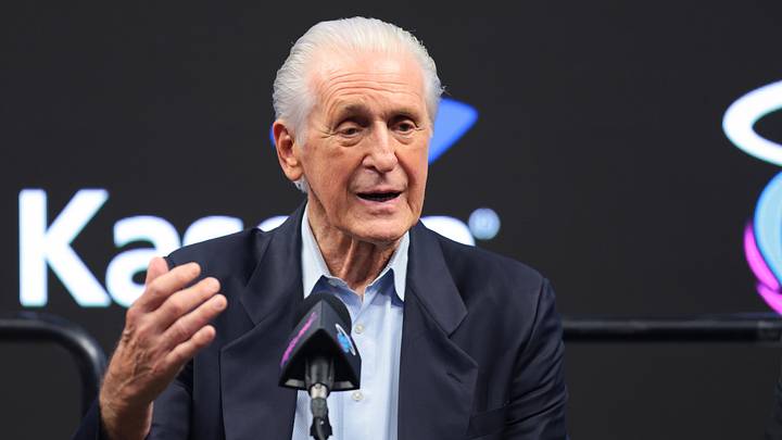 Jul 16, 2026; Miami, FL, USA; Miami Heat president Pat Riley speaks to reporters on during an introductory press conference for Miami Heat forward Bobby Portis (not pictured) at Kaseya Center. Mandatory Credit: Sam Navarro-Imagn Images