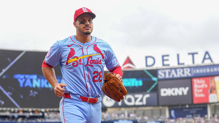 Aug 31, 2024; Bronx, New York, USA; St. Louis Cardinals third baseman Nolan Arenado (28) jogs to the dugout prior to the game against the New York Yankees at Yankee Stadium. Mandatory Credit: Gregory Fisher-Imagn Images