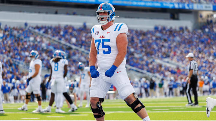 Sep 6, 2025; Lexington, Kentucky, USA; Mississippi Rebels offensive lineman Patrick Kutas (75) celebrates after running back Damien Taylor scores a touchdown during the second quarter against the Kentucky Wildcats at Kroger Field. Mandatory Credit: Jordan Prather-Imagn Images