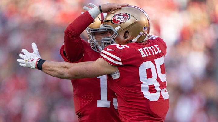 Dec 24, 2022; Santa Clara, California, USA; San Francisco 49ers quarterback Brock Purdy (13) and tight end George Kittle (85) celebrate during the third quarter against the Washington Commanders at Levi's Stadium. Mandatory Credit: Stan Szeto-Imagn Images Dec 24, 2022; Santa Clara, California, USA; San Francisco 49ers quarterback Brock Purdy (13) and tight end George Kittle (85) celebrate during the third quarter against the Washington Commanders at Levi's Stadium. Mandatory Credit: Stan Szeto-Imagn Images