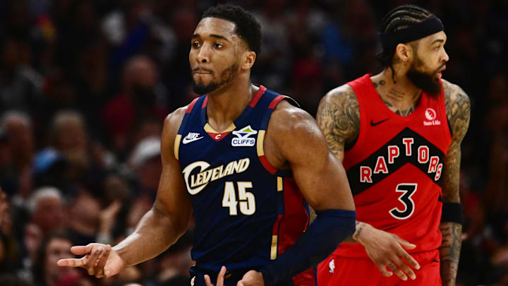 Apr 18, 2026; Cleveland, Ohio, USA; Cleveland Cavaliers guard Donovan Mitchell (45) celebrates after hitting a three point basket against the Toronto Raptors during the second half of game one in the first round of the 2026 NBA Playoffs at Rocket Arena. Mandatory Credit: Ken Blaze-Imagn Images