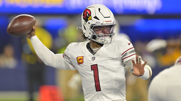 Dec 28, 2024; Inglewood, California, USA;  Arizona Cardinals quarterback Kyler Murray (1) sets to pass in the first half against the Los Angeles Rams at SoFi Stadium. Mandatory Credit: Jayne Kamin-Oncea-Imagn Images