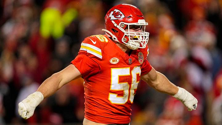 Kansas City Chiefs defensive end George Karlaftis (56) celebrates after a sack. Kansas City Chiefs defensive end George Karlaftis (56) celebrates after a sack.