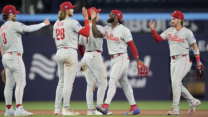Jun 8, 2026; Toronto, Ontario, CAN; The Philadelphia Phillies celebrate a win over the Toronto Blue Jays at Rogers Centre. Jun 8, 2026; Toronto, Ontario, CAN; The Philadelphia Phillies celebrate a win over the Toronto Blue Jays at Rogers Centre.