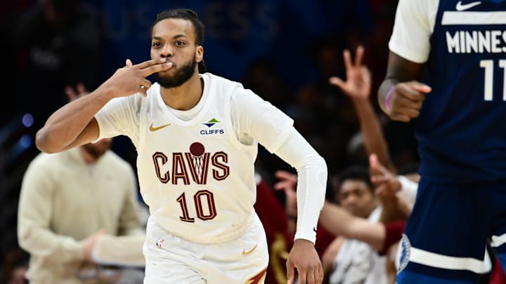 Jan 10, 2026; Cleveland, Ohio, USA; Cleveland Cavaliers guard Darius Garland (10) celebrates after hitting a three point basket against the Minnesota Timberwolves during the second half at Rocket Arena. Mandatory Credit: Ken Blaze-Imagn Images