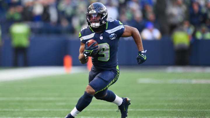 Jan 25, 2026; Seattle, WA, USA; Seattle Seahawks running back Kenneth Walker III (9) runs against the Los Angeles Rams in the first half in the 2026 NFC Championship Game at Lumen Field. Mandatory Credit: Steven Bisig-Imagn Images