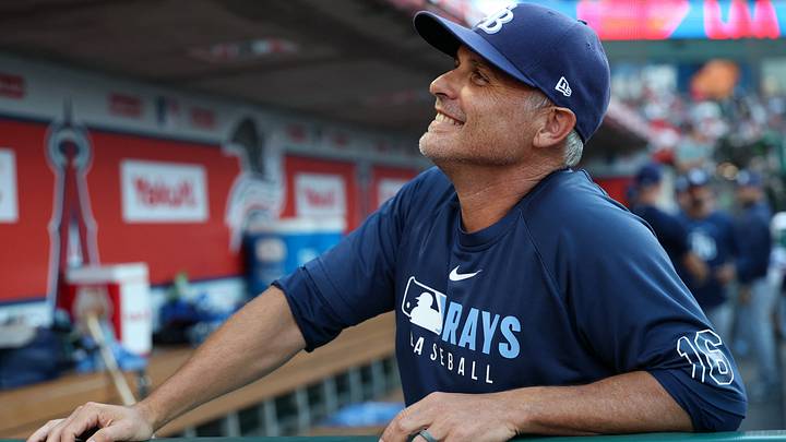 Jun 13, 2026; Anaheim, California, USA; Tampa Bay Rays manager Kevin Cash (16) speaks to fans before the game against the Los Angeles Angels at Angel Stadium. Jun 13, 2026; Anaheim, California, USA; Tampa Bay Rays manager Kevin Cash (16) speaks to fans before the game against the Los Angeles Angels at Angel Stadium.