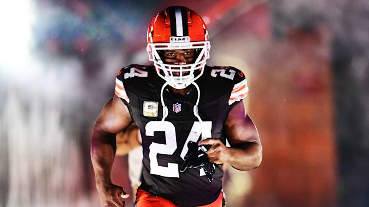 Cleveland Browns running back Nick Chubb (24) is introduced before the game between the Browns and the Pittsburgh Steelers at Huntington Bank Field. 