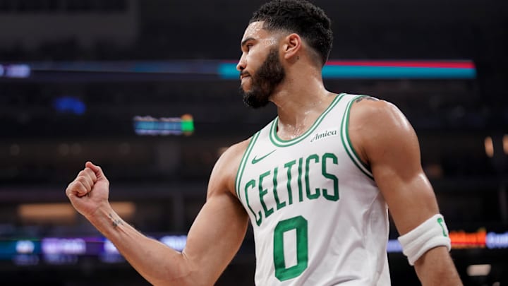 Mar 24, 2025; Sacramento, California, USA; Boston Celtics forward Jayson Tatum (0) pumps his fist after the Celtics made a basket at the end of the first quarter against the Sacramento Kings at the Golden 1 Center. Mandatory Credit: Cary Edmondson-Imagn Images