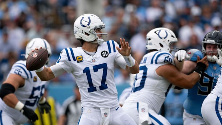 Sep 21, 2025; Nashville, Tennessee, USA; Indianapolis Colts quarterback Daniel Jones (17) throws a pass against the Tennessee Titans during the first half at Nissan Stadium. Sep 21, 2025; Nashville, Tennessee, USA; Indianapolis Colts quarterback Daniel Jones (17) throws a pass against the Tennessee Titans during the first half at Nissan Stadium.