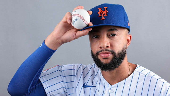Feb 19, 2026; Port St. Lucie, FL, USA; New York Mets pitcher Devin Williams (38) poses for a photo during media day at Clover Park. Mandatory Credit: Sam Navarro-Imagn Images