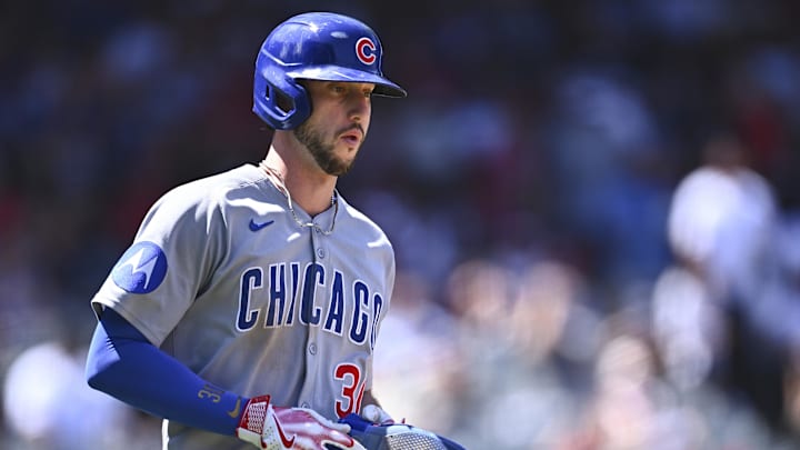 Aug 24, 2025; Anaheim, California, USA; Chicago Cubs outfielder Kyle Tucker (30) walks against the Los Angeles Angels during the fifth inning at Angel Stadium. 