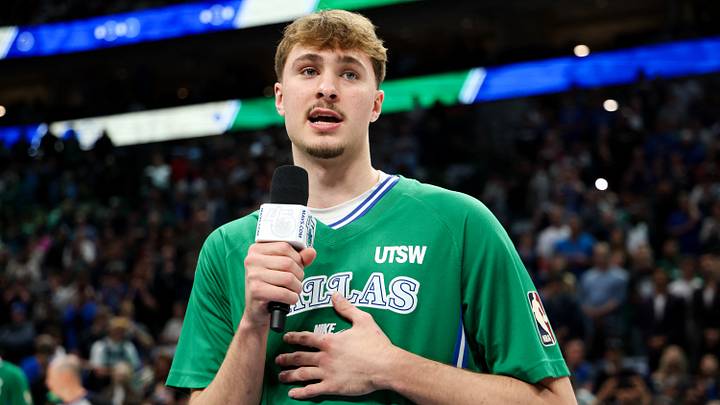 Apr 12, 2026; Dallas, Texas, USA; Dallas Mavericks forward Cooper Flagg (32) speaks to the crowd before the game against the Chicago Bulls at American Airlines Center. Mandatory Credit: Kevin Jairaj-Imagn Images Apr 12, 2026; Dallas, Texas, USA; Dallas Mavericks forward Cooper Flagg (32) speaks to the crowd before the game against the Chicago Bulls at American Airlines Center. Mandatory Credit: Kevin Jairaj-Imagn Images