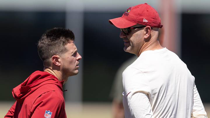 May 8, 2026; Tempe, AZ, USA; Arizona Cardinals head coach Mike LaFleur (left) with general manager Monti Ossenfort during rookie minicamp at Dignity Health Arizona Cardinals Training Center. Mandatory Credit: Mark J. Rebilas-Imagn Images May 8, 2026; Tempe, AZ, USA; Arizona Cardinals head coach Mike LaFleur (left) with general manager Monti Ossenfort during rookie minicamp at Dignity Health Arizona Cardinals Training Center. Mandatory Credit: Mark J. Rebilas-Imagn Images