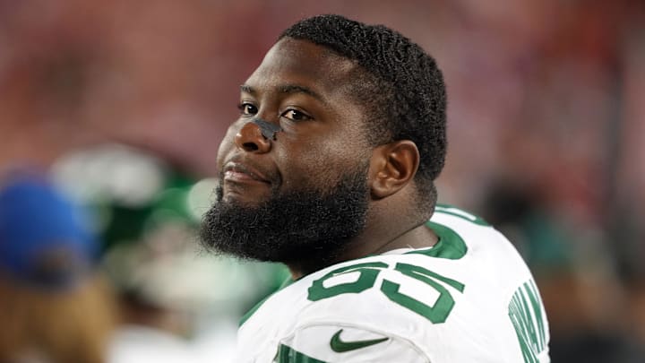 Sep 9, 2024; Santa Clara, California, USA; New York Jets guard Xavier Newman (65) during the fourth quarter against the San Francisco 49ers at Levi's Stadium. 