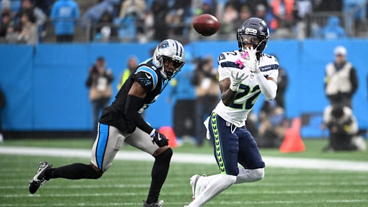 Seattle Seahawks wide receiver Rashid Shaheed (22) catches a pass against Carolina Panthers cornerback Mike Jackson 