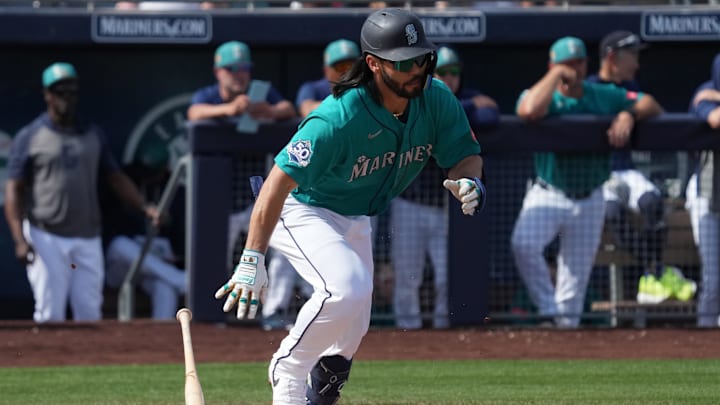 Connor Joe (9) hits a single against the Cleveland Guardians in the second inning at Peoria Sports Complex. Connor Joe (9) hits a single against the Cleveland Guardians in the second inning at Peoria Sports Complex.