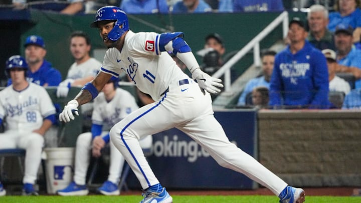 Oct 10, 2024; Kansas City, Missouri, USA; Kansas City Royals third baseman Maikel Garcia (11) runs to first base against the New York Yankees during game four of the NLDS for the 2024 MLB Playoffs at Kauffman Stadium. Mandatory Credit: Denny Medley-Imagn Images Oct 10, 2024; Kansas City, Missouri, USA; Kansas City Royals third baseman Maikel Garcia (11) runs to first base against the New York Yankees during game four of the NLDS for the 2024 MLB Playoffs at Kauffman Stadium. Mandatory Credit: Denny Medley-Imagn Images