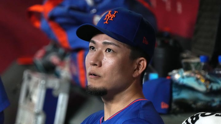 May 7, 2025; Phoenix, Arizona, USA; New York Mets pitcher Kodai Senga (34) sits in the dugout against the Arizona Diamondbacks in the first inning at Chase Field. Mandatory Credit: Rick Scuteri-Imagn Images May 7, 2025; Phoenix, Arizona, USA; New York Mets pitcher Kodai Senga (34) sits in the dugout against the Arizona Diamondbacks in the first inning at Chase Field. Mandatory Credit: Rick Scuteri-Imagn Images
