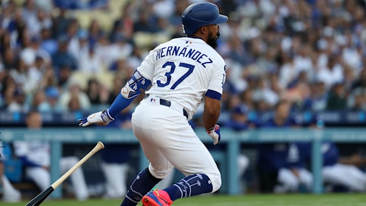 Apr 12, 2025; Los Angeles, California, USA; Los Angeles Dodgers outfielder Teoscar Hernandez (37) hits a single against the Chicago Cubs during the first inning at Dodger Stadium. Mandatory Credit: Kiyoshi Mio-Imagn Images Apr 12, 2025; Los Angeles, California, USA; Los Angeles Dodgers outfielder Teoscar Hernandez (37) hits a single against the Chicago Cubs during the first inning at Dodger Stadium. Mandatory Credit: Kiyoshi Mio-Imagn Images