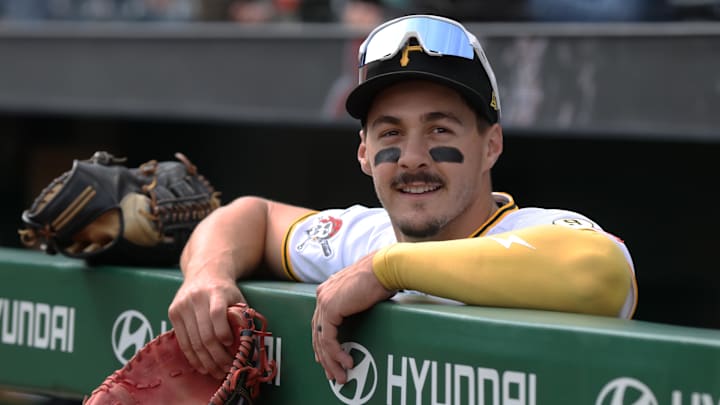 Apr 19, 2026; Pittsburgh, Pennsylvania, USA;  Pittsburgh Pirates shortstop Konnor Griffin (6) celebrates after defeating the Tampa Bay Rays at PNC Park. Mandatory Credit: Charles LeClaire-Imagn Images