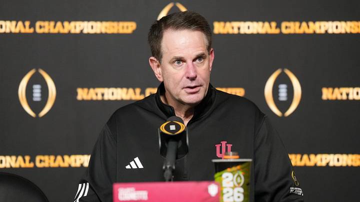Jan 19, 2026; Miami Gardens, FL, USA; Indiana Hoosiers head coach Curt Cignetti speaks to the media after the College Football Playoff National Championship game against the Miami Hurricanes at Hard Rock Stadium. Mandatory Credit: Kirby Lee-Imagn Images
