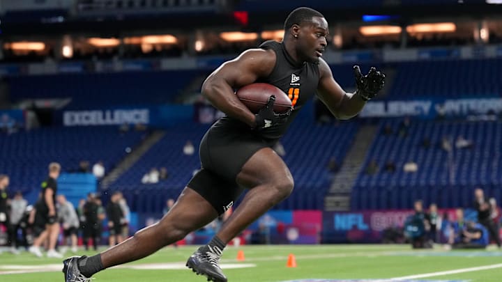 Feb 28, 2026; Indianapolis, IN, USA; Notre Dame running back Jeremiyah Love (RB11) during the NFL Scouting Combine at Lucas Oil Stadium. Mandatory Credit: Kirby Lee-Imagn Images
